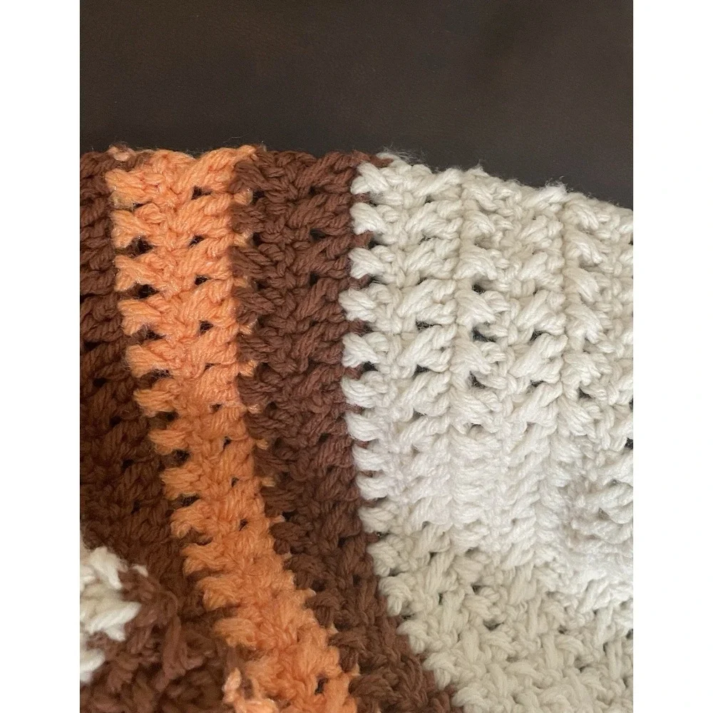 Handmade Ivory Peach Brown Crochet Vtg Fall Afghan Throw Blanket Striped 44